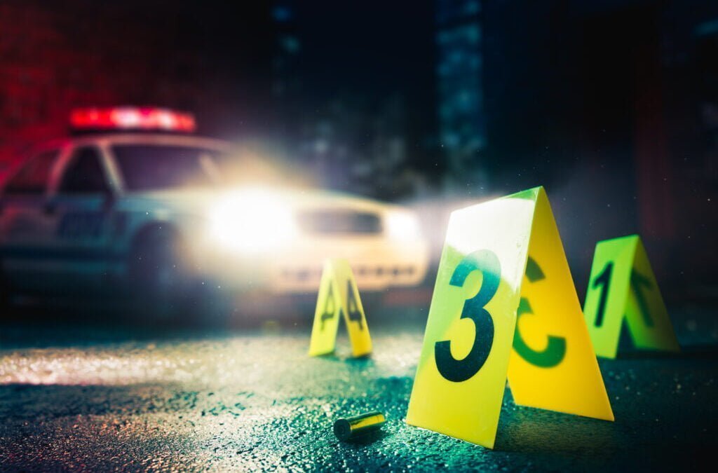 police car at a crime scene with evidence markers, high contrast image